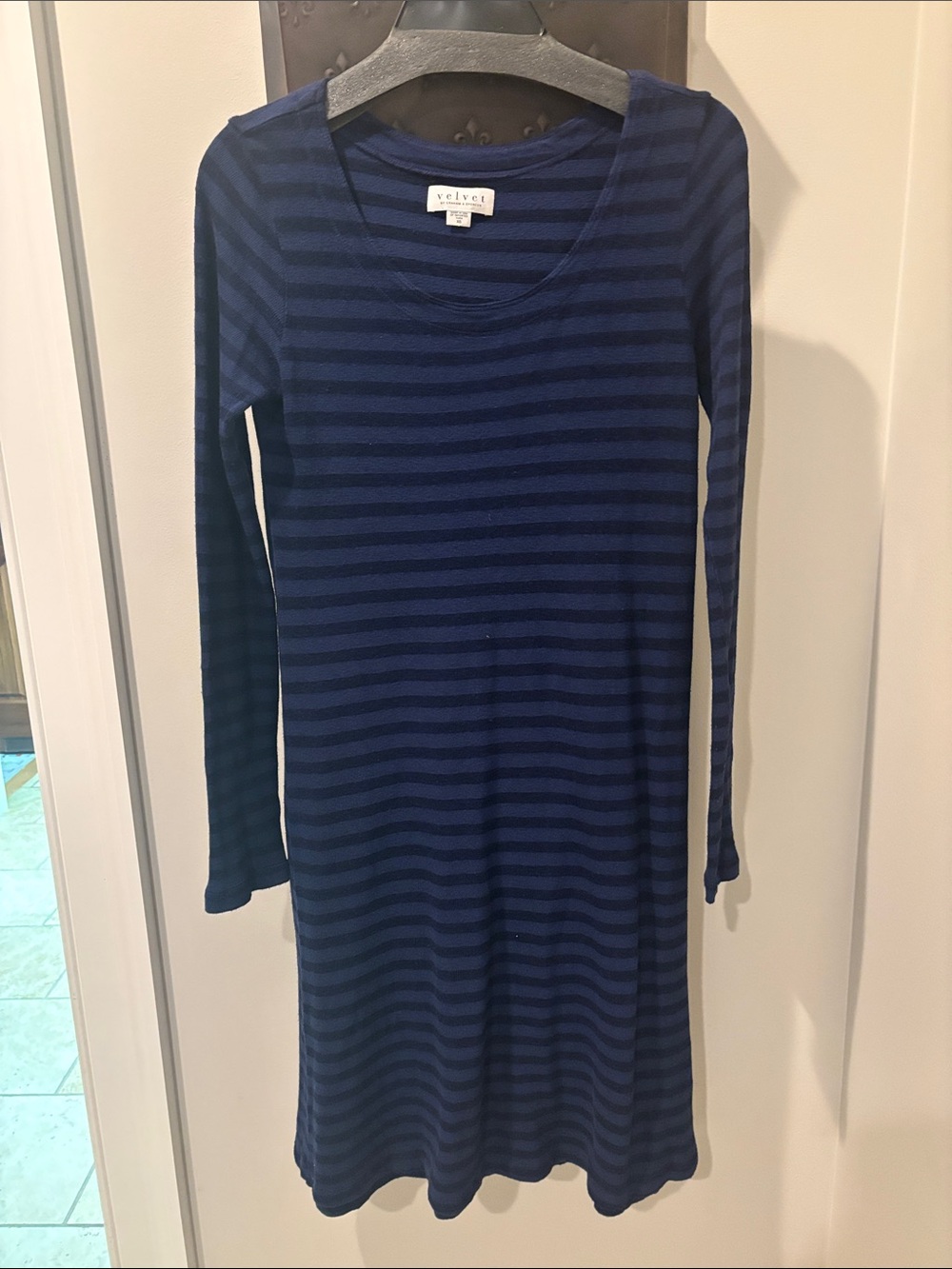 Velvet Navy and Dark Blue Striped Long-Sleeve Dress